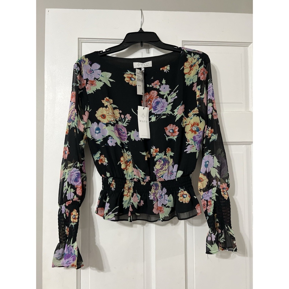 NWT WAYF Shirt Women S Black Floral Gathered Long Sheer Sleeve Boat Neck Fairy